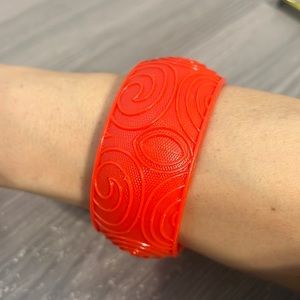 Vintage Red Plastic Bangle Bracelet with Embossed Swirls, EUC